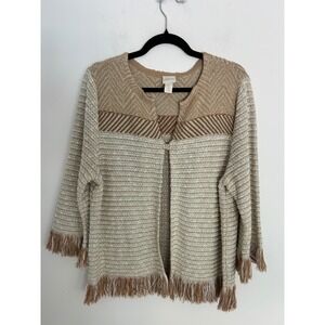 Chicos Metallic Knit Fringe Cardigan Tan Gold Chevron Open Front Sweater Sz 3 XL